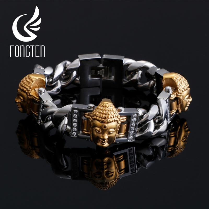 Fongten Buddha Cuban Chain Mâle Bracelet Bouddhisme Religion Métal En acier inoxydable Rétro Bracelets avec bijoux de mode Zircon