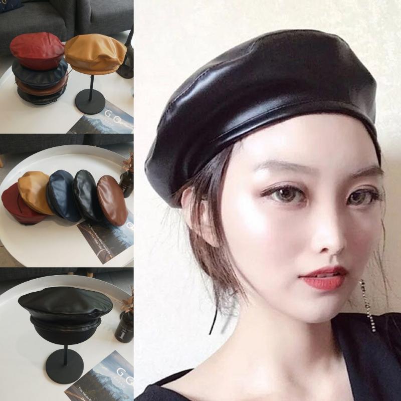 

2019 New 5 Colors Vintage Faux PU Leather Beret Hat Flat Cap Solid Black Coffee Wine Red Navy Fashion French Cap For Women Men