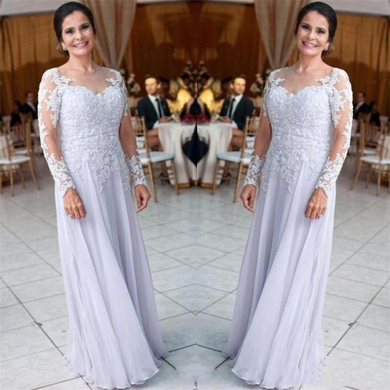 

A Line Chiffon Mother Of The Bride Dresses Long Sleeves Lace Applique Sequins Formal Prom Gowns Plus Size Mothers Wedding Guest Dress