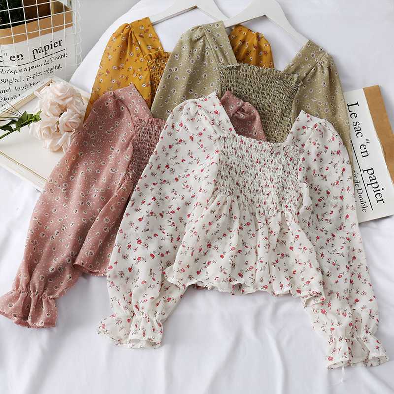 

Ladies Floral Casual Blouses Ruffles Sweet Short Style Spring Women Tops And Blouses Cute Print Shirts Elasticity Blusas Mujer, Huang