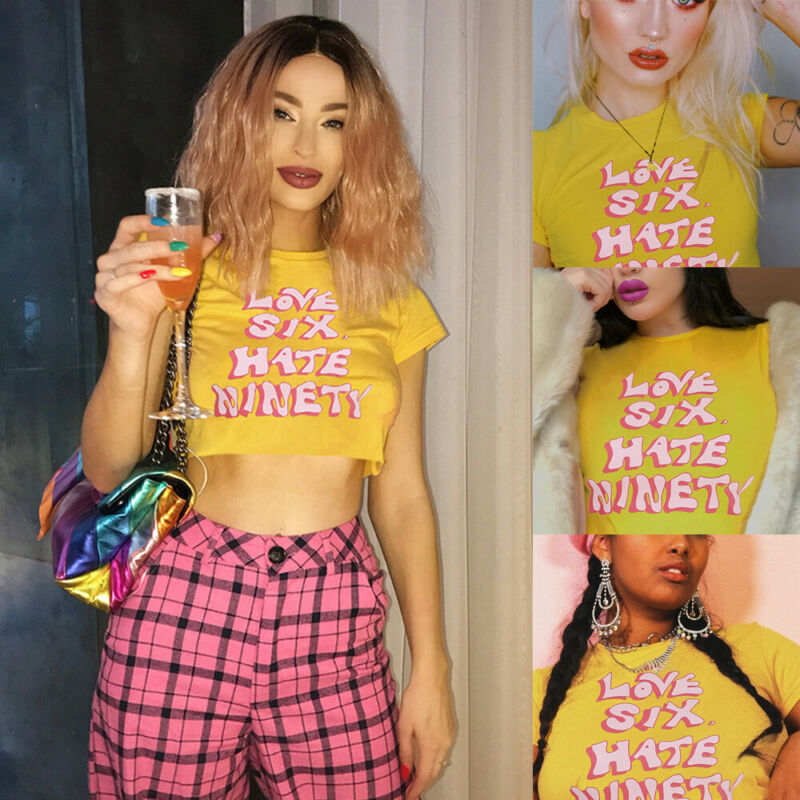 

2020 New Women Plain Letter Printed Short Sleeve Ladies Casual Vest Tank Crop Summer Tops Streetwear, Yellow