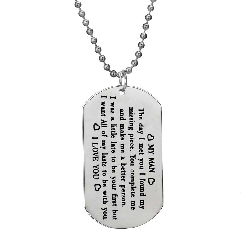

My Man I Love You Dog Tag Love Heart Pendant Necklace Family Husband Boyfriends Lover Valentine's Day Gift Stainless Steel Chain