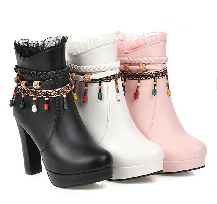 

Plus size 32 33 34 to 40 41 42 43 44 sweet flounce platform thick heel ankle booties designer boots pink white black
