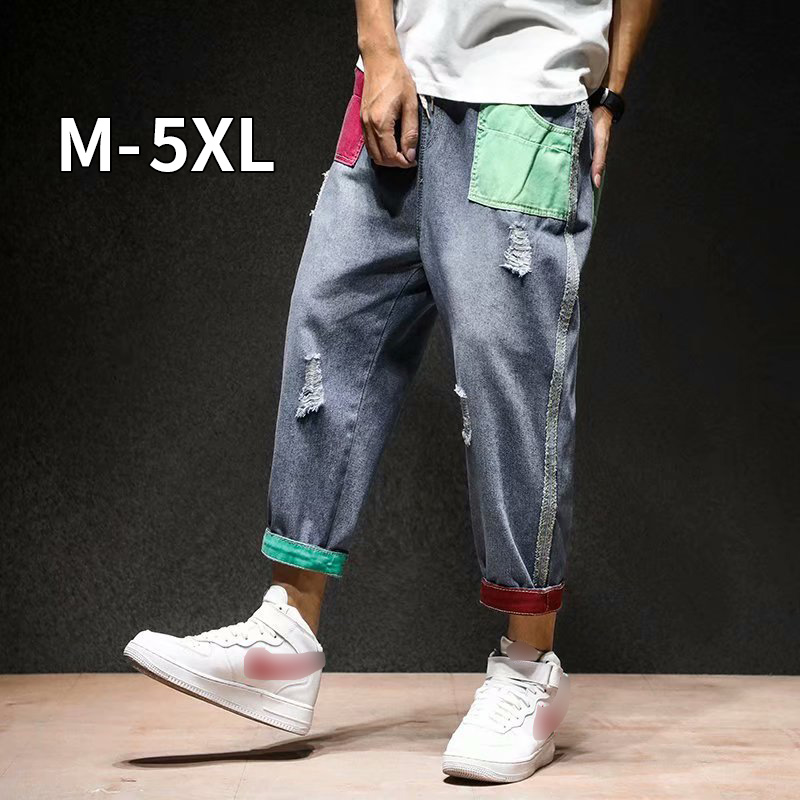 

Men Jeans Straight Pants 2019 Mens Japanese Streetwear Shredded Patchwork Denim Pants Male Vintage Blue Jeans, As picture