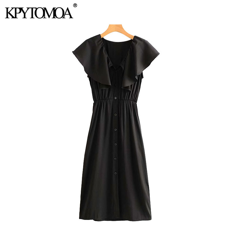 

KPYTOMOA Women 2020 Chic Fashion Ruffled Buttoned Midi Dress Vintage Sleeveless Elastic Waist Pockets Female Dresses Vestidos, As picture
