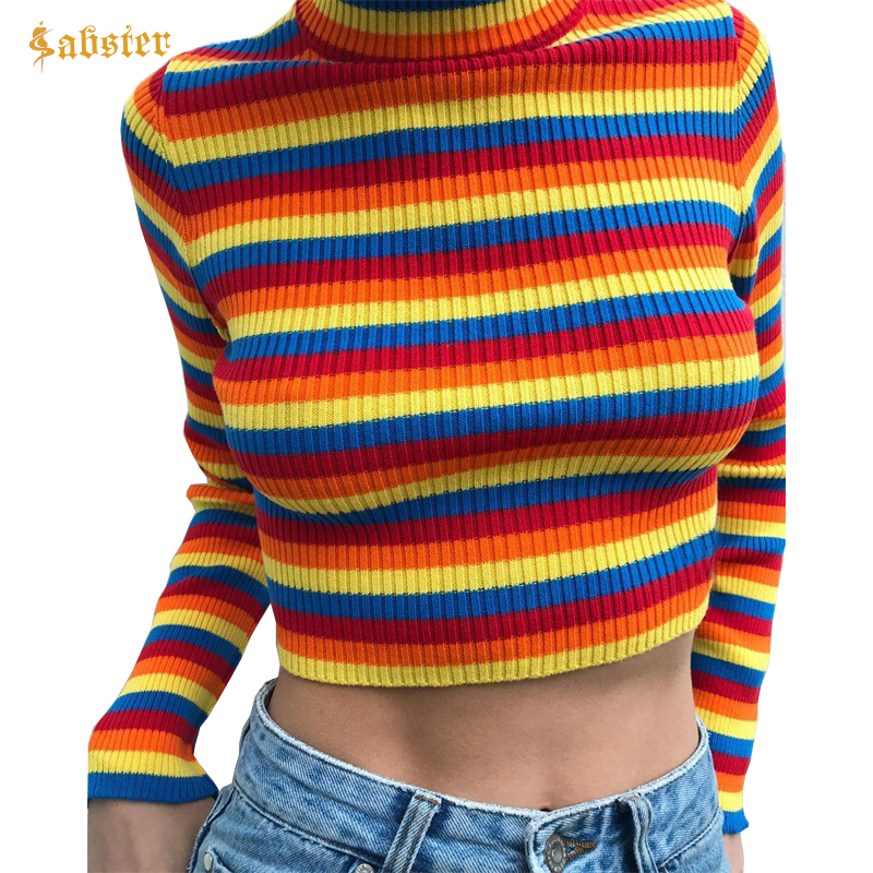 

Spring Long Sleeve Turtleneck Sweater Crop Top Sexy Women Pullover Knitted Striped Women Streetwear Elasticity Knitwear kz683, As picture