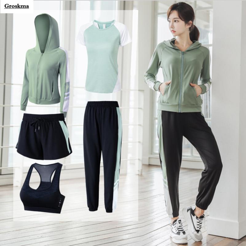 

Plus size quick dry women yoga fitness gym sets jackets+bra+shorts+t shirt+pants sports running set womens outdoor clothes, 2 piece set a