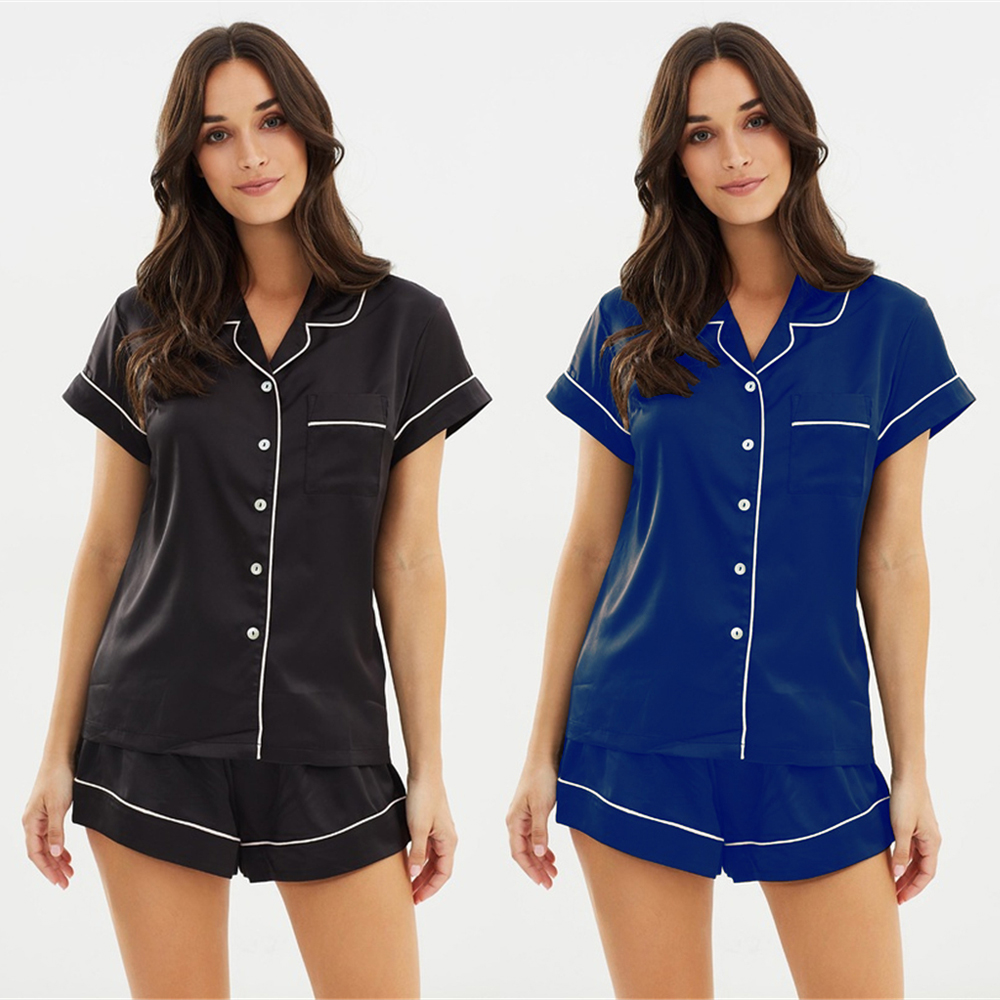 

Women Girl Lady Silk Satin Pajamas Set Short Sleeve Button-Down Sleepwear, White