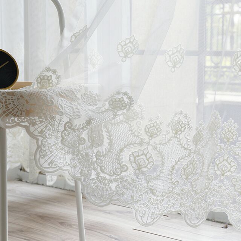 

Korean Pure White Lace Embroidered Voile Curtain for Living room Bedroom Embroidered Sheer Tulle Window Treatment Panel AD324D3