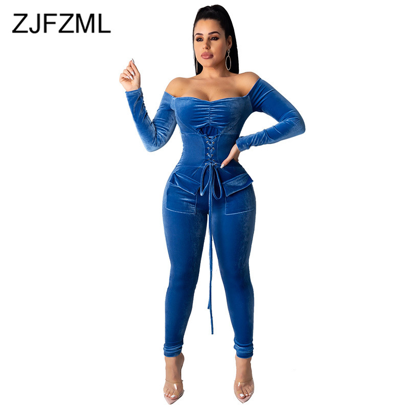 Off Shoulder Lace Up Sexy Velvet Bodysuit Women Long Sleeve Open Back Solid Bodycon Jumpsuits Elegant Bandage One Piece Romper Y200422