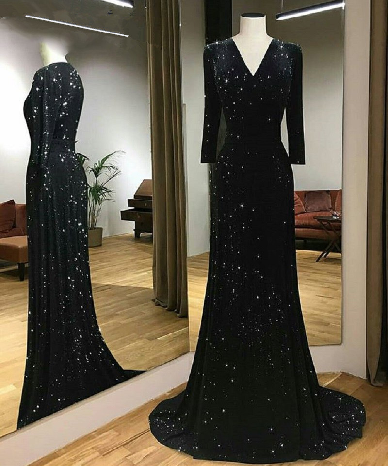 

Sparkly Black Sequin Mermaid Prom Dresses Long Sleeves 2020 Elegant V-neck Plus Size Women Formal Party Long Evening Gowns, Blue