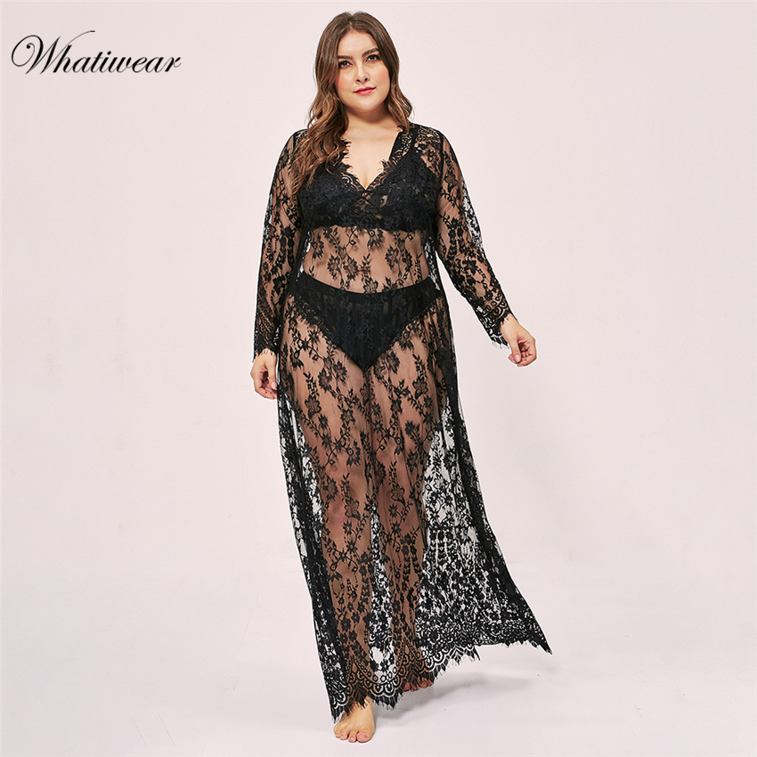 

Whatiwear Sexy Nightwear Plus Size Lace Nightgown Sleepwear Dress Deep V Neck Sexy Lingerie Robe Drop Shipping, Black