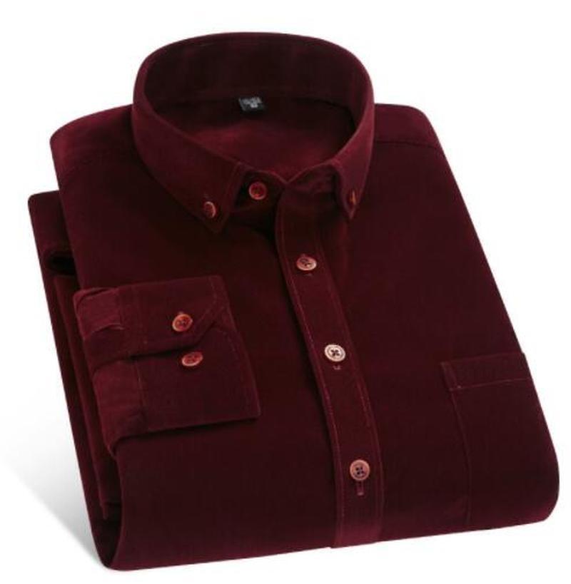 

Quality Spring/Autumn Men Shirt High Corduroy Long Sleeve Solid Comfort Soft Casual Brand Clothes Man Shirt Camisa Plus Size 4XL, 661 wine red