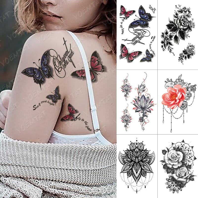 

Waterproof Temporary Tattoo Sticker Butterfly Rose Flash Tattoos Flowers Lotus Mandala Body Art Arm Fake Tatoo Women Men