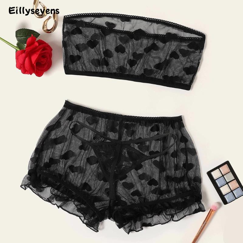 

Sexy Women Lace Tulle Lingerie Set Ruffle Sleepwear Babydoll Ladies Sexy Bandeau Underwear Nightwear Exotic Sets #3, Black