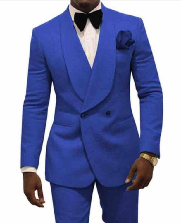 

Double Breasted Royal Blue Groom Tuxedos for Prom Dinner Party Shawl Lapel Men Business Suits Blazer Trousers Sets 3 Piece Jacket Pants Bow, Same as image