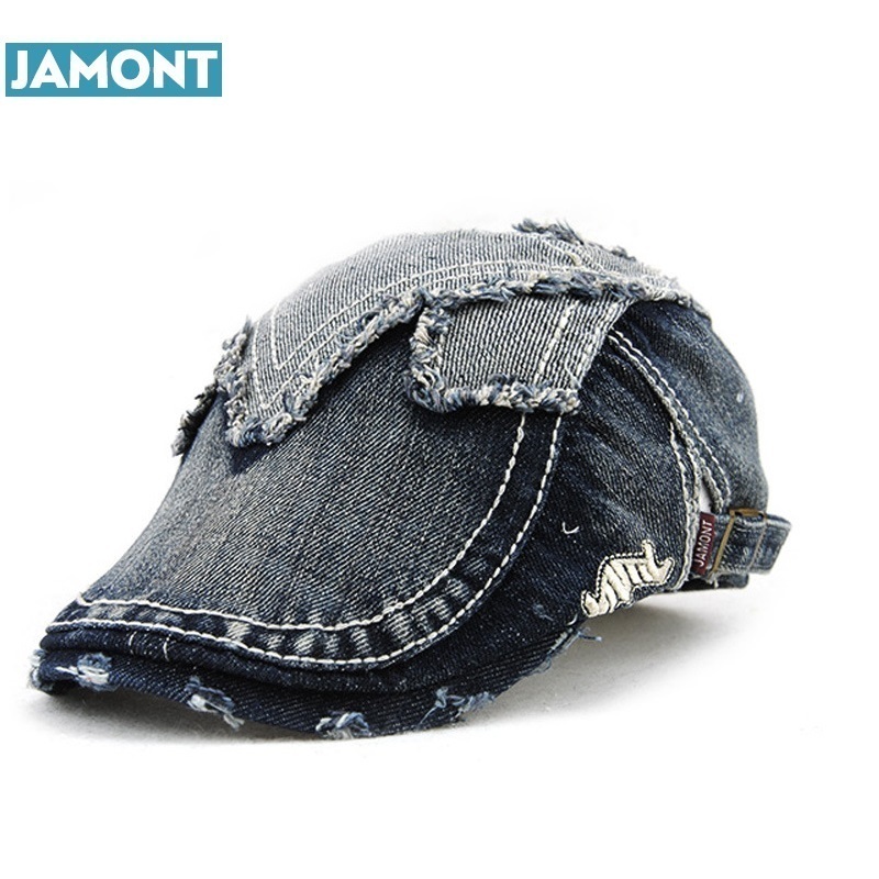 

JAMONT Cowboy Cap Unisex Summer Vintage Denim Hat Berets Embroidery Hat For Womens Mens Fitted Driving Beret Buckle Flat Caps