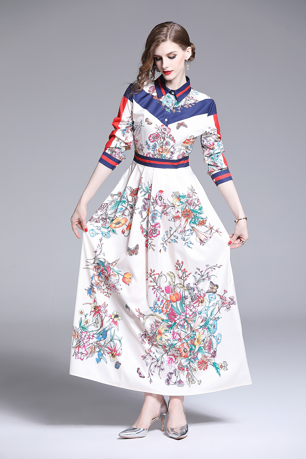 

New 2020 Spring Summer Fall Runway Vintage Baroque Print Collar Long Sleeve Empire Waist Women Ladies Casual A-Line Maxi Beach Dress, Multi