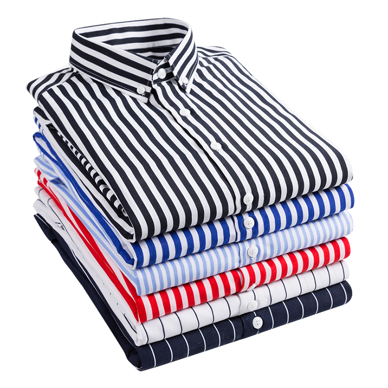 

Oxford Stripe Men Casual Long Sleeved Slim Fit Shirt Soft Comfortable Spring Autumn Male Social Dress Shirt Collar Button Design, Black