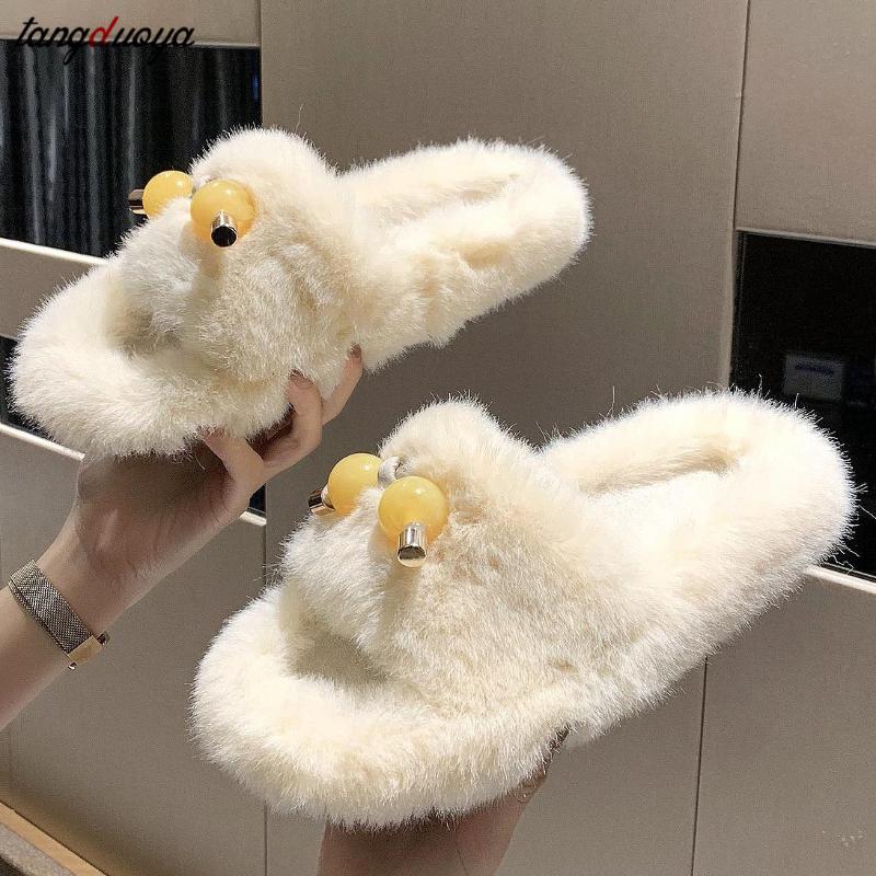 

furry slides for women Home Slippers 2020 winter fur slides Open Toe Slip on Soft Slippers House Floor Plush Warm Shoes, Black