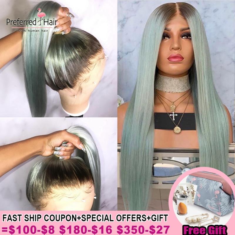 

Preferred Pre Plucked Mint Green Lace Front Wig Orange Ombre Human Hair Wig Brazilian Remy Transparent Lace Wigs For Women, Natural color