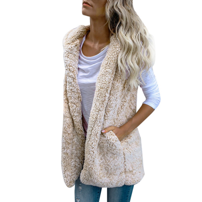 

Womens Sleeveless Fuzzy Cardigan Hoodie Fleece Open Front Vest With Pockets 5 Color