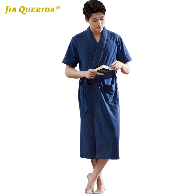 

Loungewear Short Sleeve Solid Man Robe Home Robe Night Kimono Yukata Bathrobe House Coat Blue Summer Cotton Casual Style, 98950-c