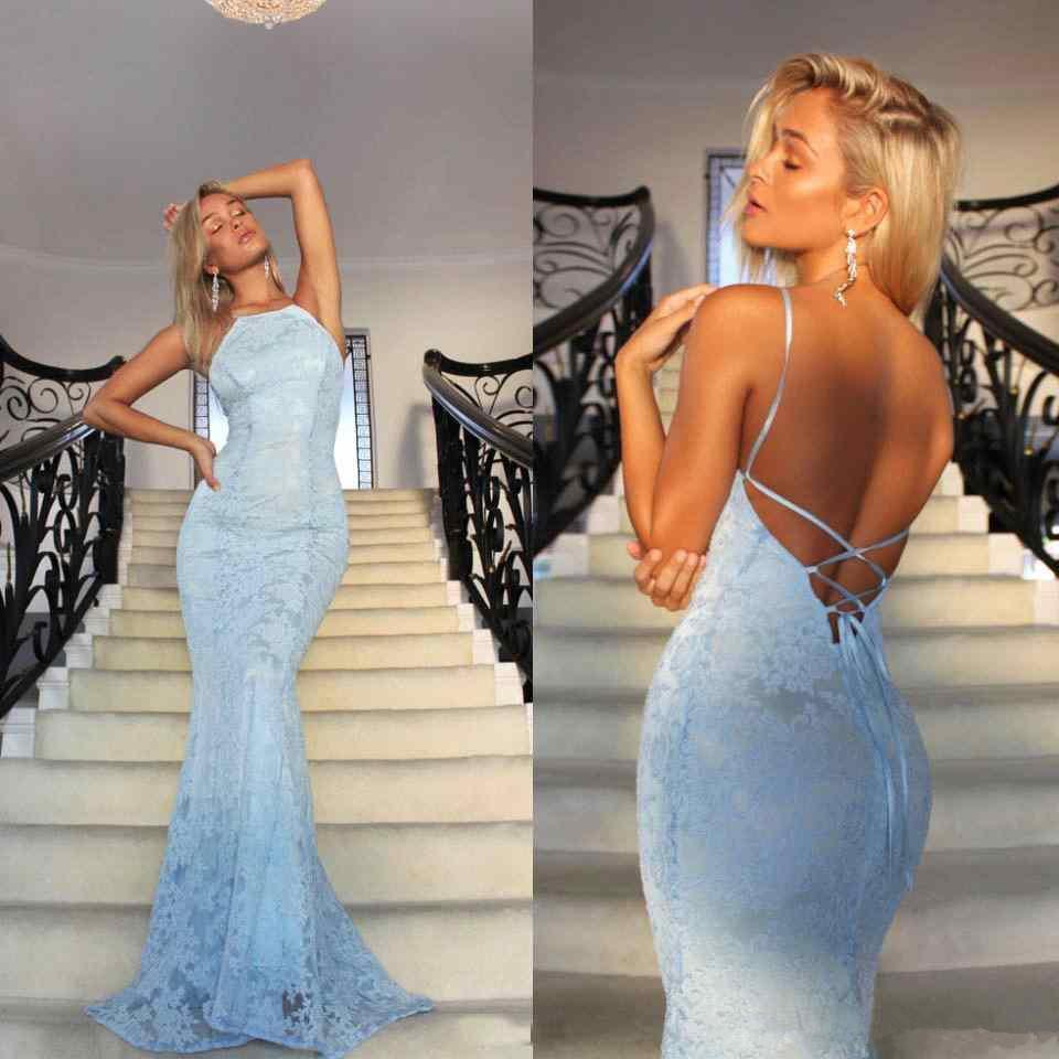 

Sexy Baby Sky Blue Mermaid Arabic Prom Dresses Halter Neck Sleeveless Full Lace Criss Cross Back Sweep Train Evening Wear Party Gowns 2022, Ivory