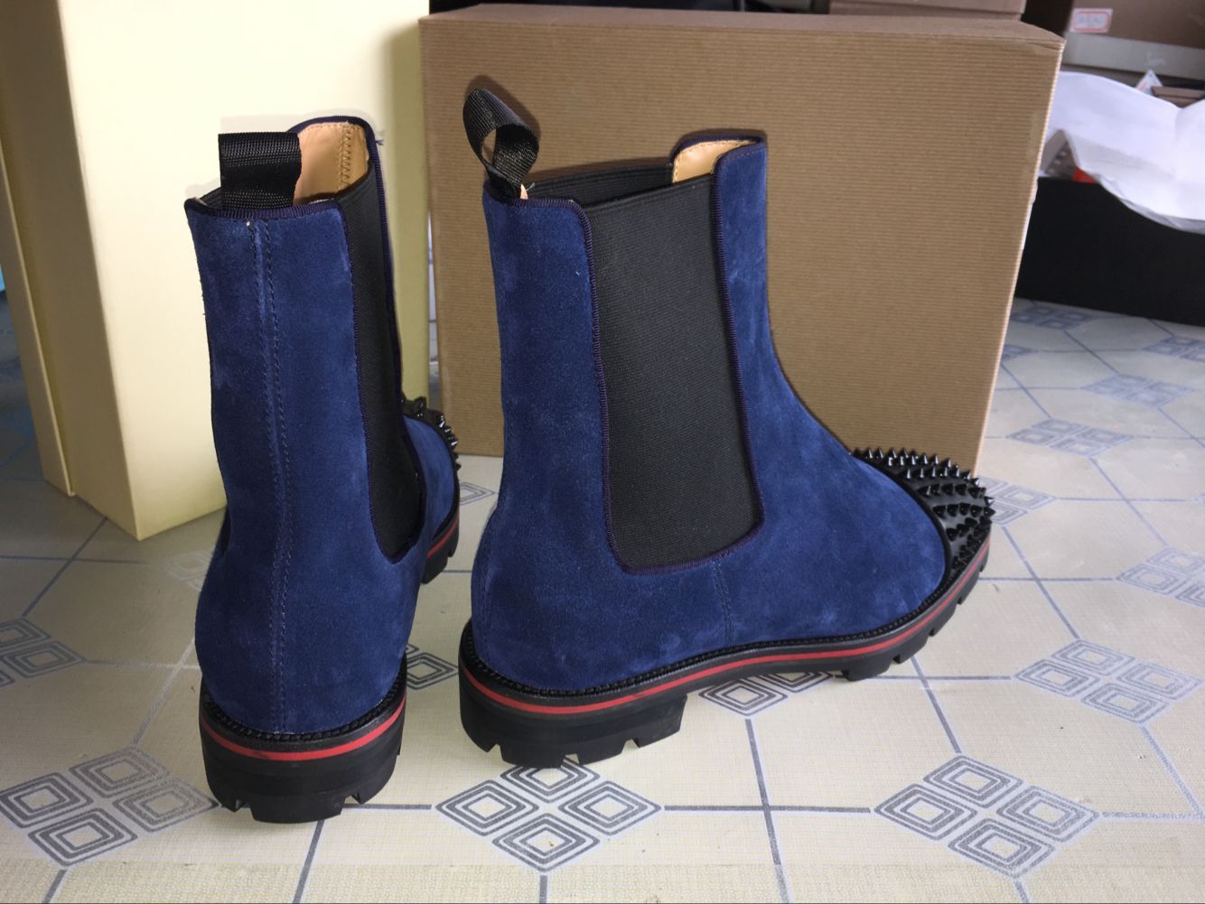 

Men Red Bottom Mid Design Men Ankle Low Heels Genuine Leather Suede With Rivets Melon Spikes Flat Short Knight Boot cs07, 13