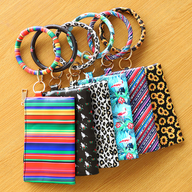 

PU Bracelet Keychains Leather Wrist Key Chain Ring Holder Leopard Flamingo Flower Bracelets Pendant Purse Lady Clutch Bag Handbag Phone Case