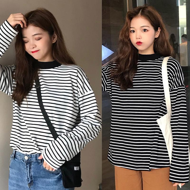 

Tee Shirts Woman 2020 Spring New Korean Harajuku Striped Turtleneck T-shirt For Women Long Sleeve Pullover T-shirts Tops, Black