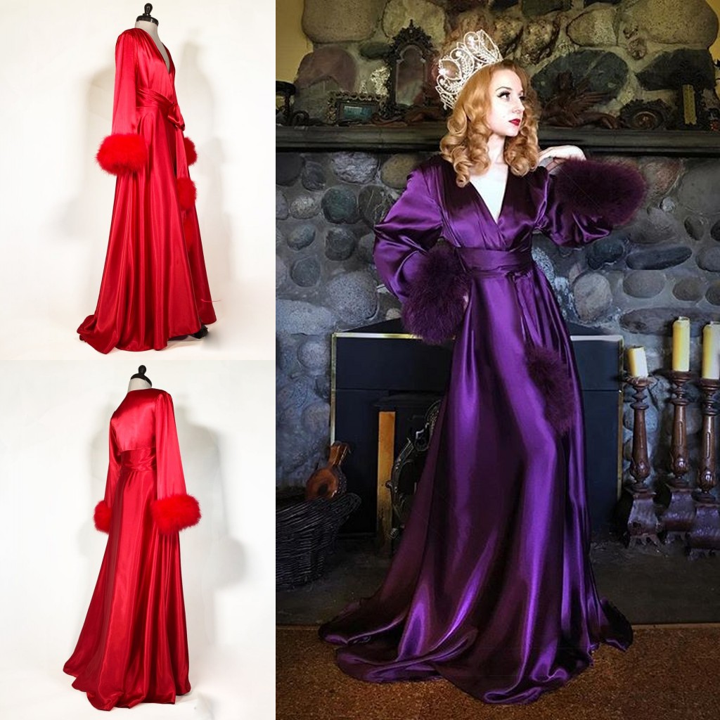 2020 rouge magnifique Robes de mariée Satin soie fourrure personnalisé femmes peignoir col en v à manches longues parole longueur robe de nuit po