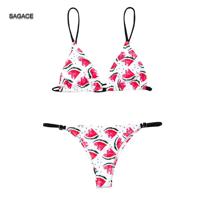 

SAGACE Two Pieces Bikini Set Women 2020 Summer Split Swimsuit Sexy fruit Print Bandage Bikini Swimwear Lady Beach biquini A515