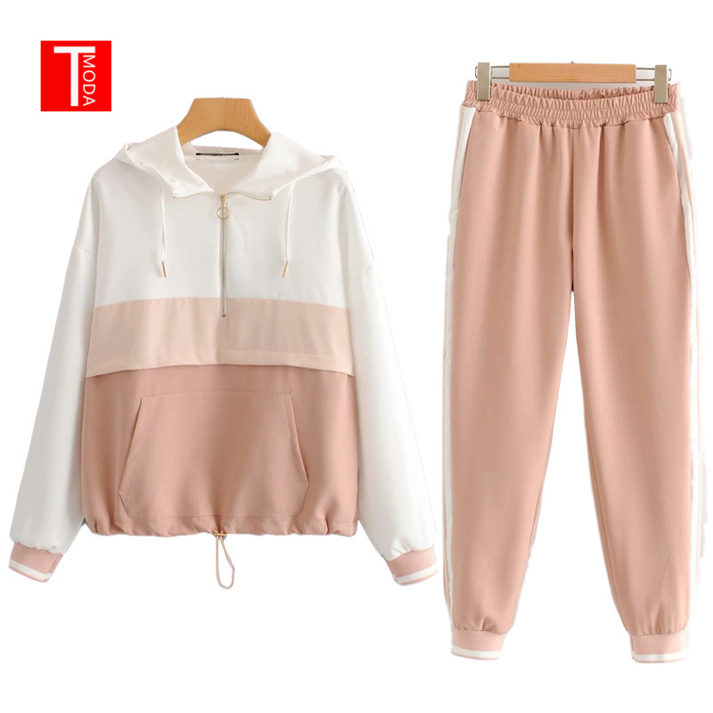 

2020 Set Female Vintage Contrast Color Baseball Bomber Pullover Jacket Women Tops and Pencil Jogging Pants Suits Two Piece Sets, Pant