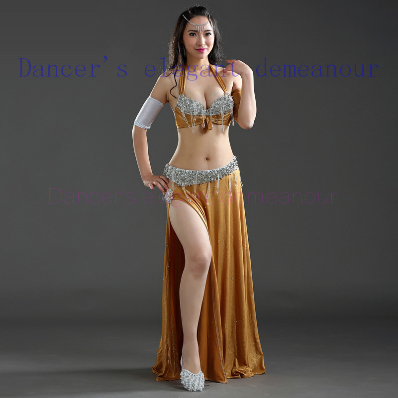 

New style belly dance costumes senior sexy handmake bra top+belt+velvet skirt 3pcs belly dance set for women suits, Blue