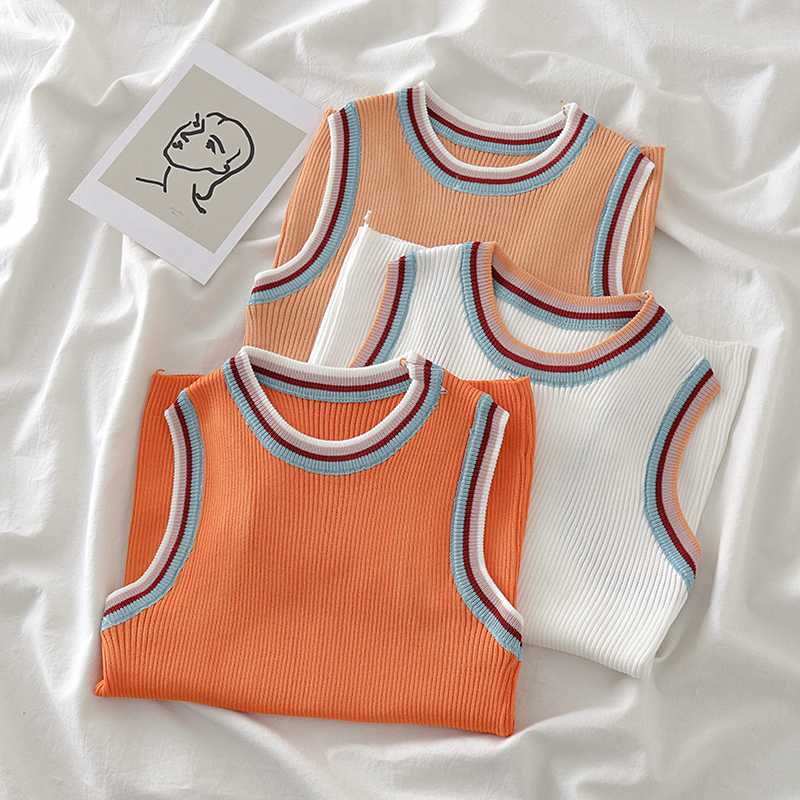 

ins Chic Spring Summer Cute Girls Rainbow Stripes Sleeveless Knitted Short Camis Women Casual Slim Tank Tops Sweet Vest Female, Orange