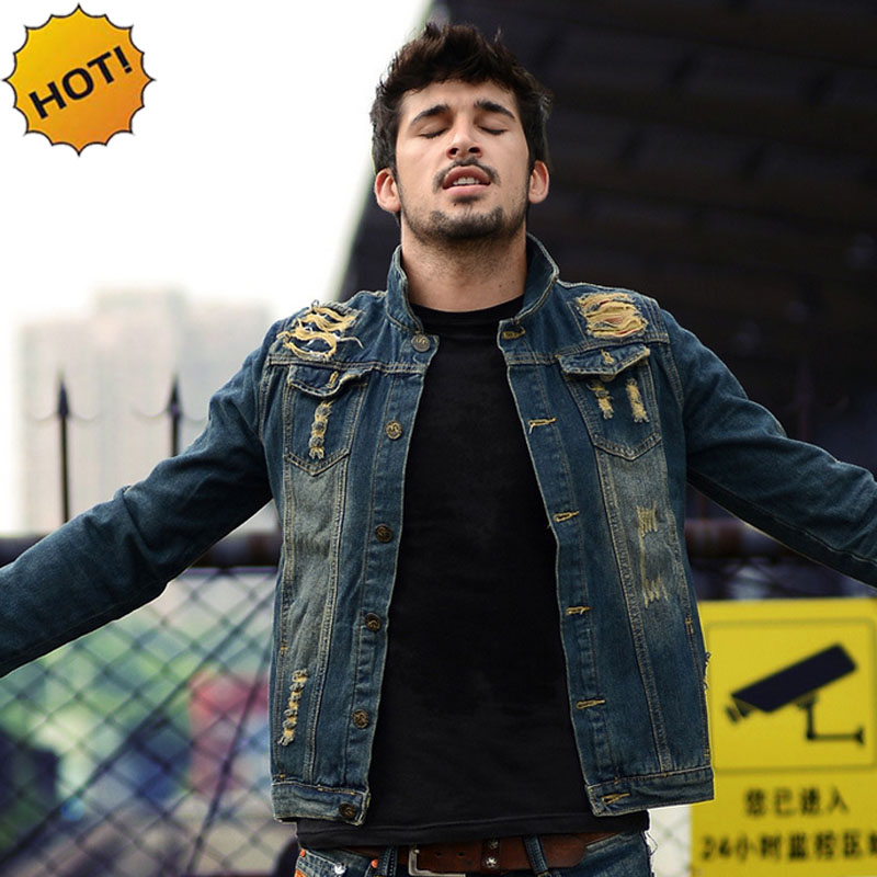 

High Quality 2017 Fashion Men Denim Slim Fit Cowboy Jacket Vintage Hip Hop Streetwear Motocycle Biker Jacket Hole Ripped Tops, Blue