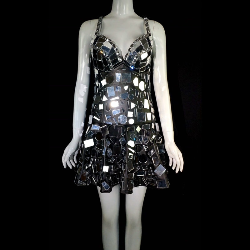 

High Quality Full Silver Mirror Leather Dress Sparkly Rhinestone Stage Performance Dance Costume Party Celebrity Birthday Outfit, As pic
