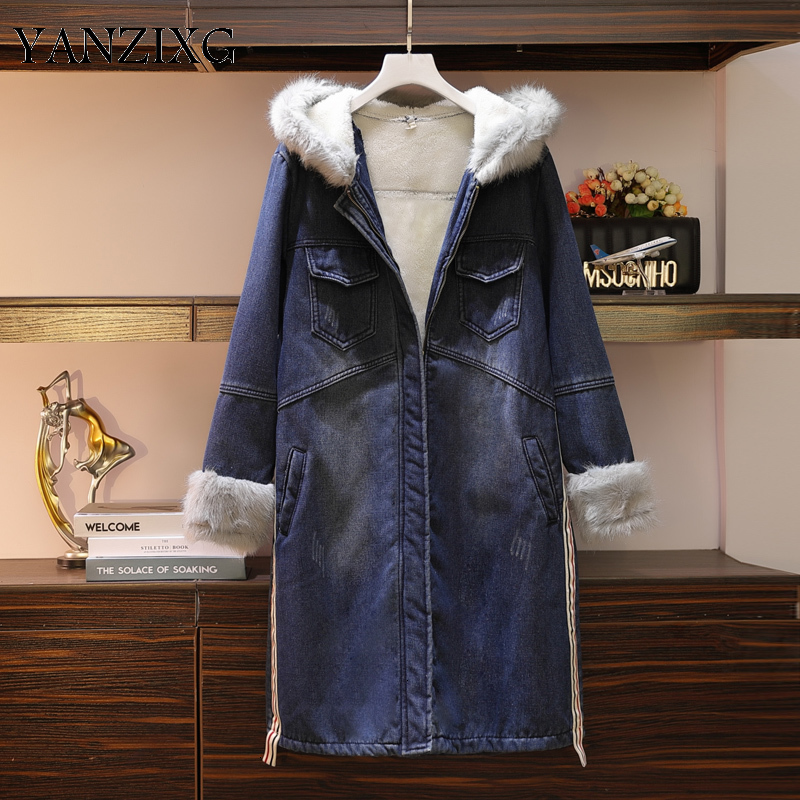 

New 2019 Winter Pluz Size Women's Denim Parkas Coat Women Wild Velvet Thickening Hooded Cotton Parkas Coat Female F208, Blue