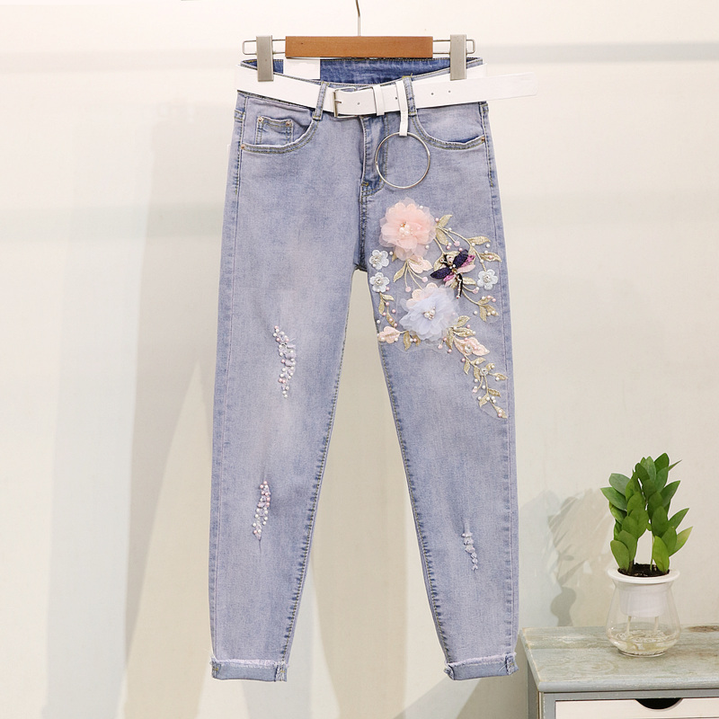 

Summer Fashion Embroidery Flower T-Shirt Jeans Suit Set Cotton Tee Shirt Femme Holes Denim Pants Women Outfits, Tops