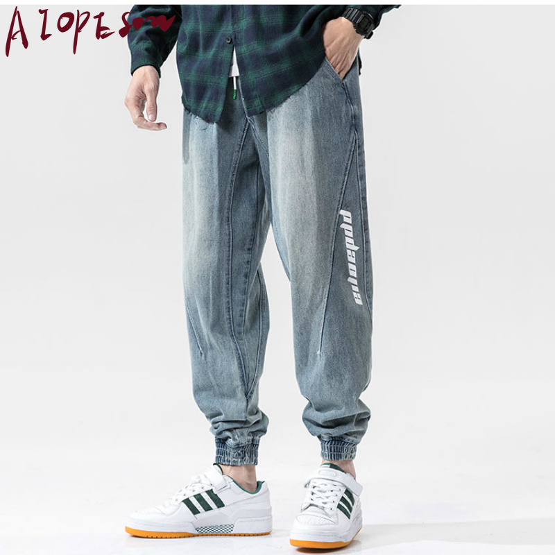 

AIOPESON 2020 New Trousers Mens Beam Feet Loose Fashion Trend Street Retro Mens Jeans Printing Stitching Sports Pants, Blue