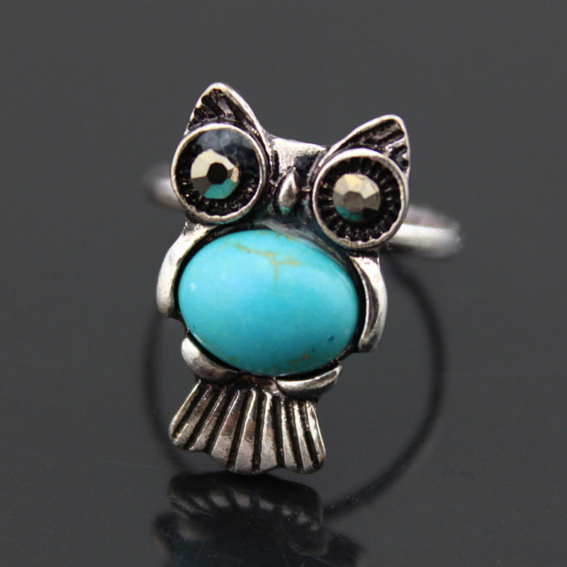 

Jewelry Wholesale 50pcs/LOT Retro Antique Silver Plated Tribal Lovely Owl Turquoise Rings Girl Women's Alloy Rings Adjustable Bands MR95