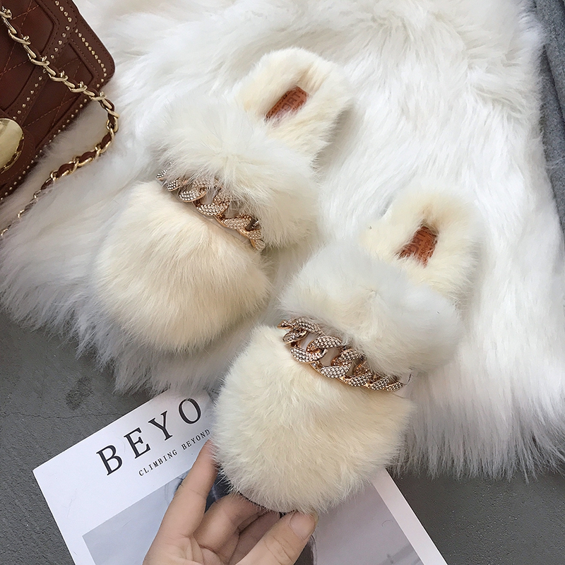 

Autumn and winter fur shoes 2018 new net red fur slippers women wear fashion shoes lamb cotton drag half drag, Beige 710682