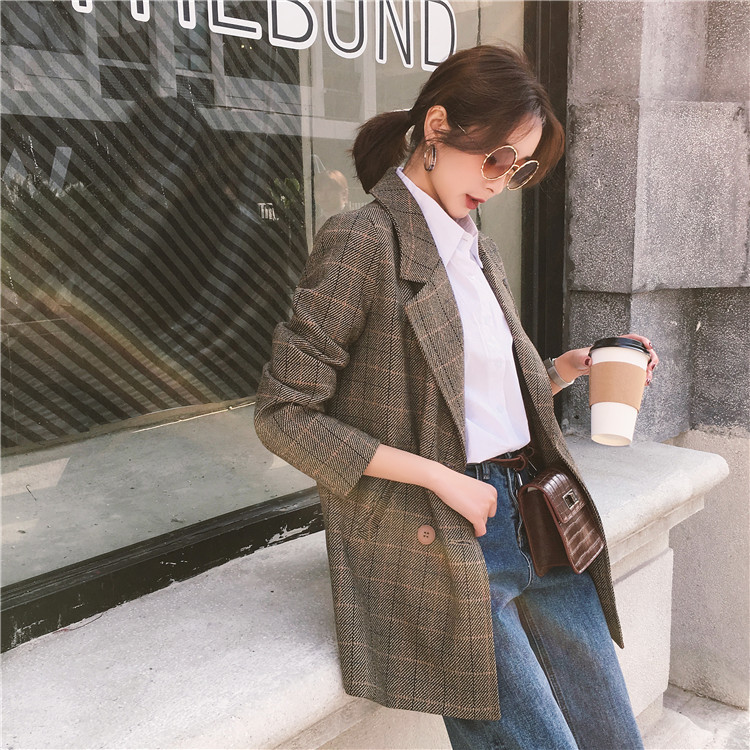 

New Arrival Spring Autumn Blaser Mujer Double-Breasted Blazer Plaid Vintage Office Suits For Women outwear LX2137