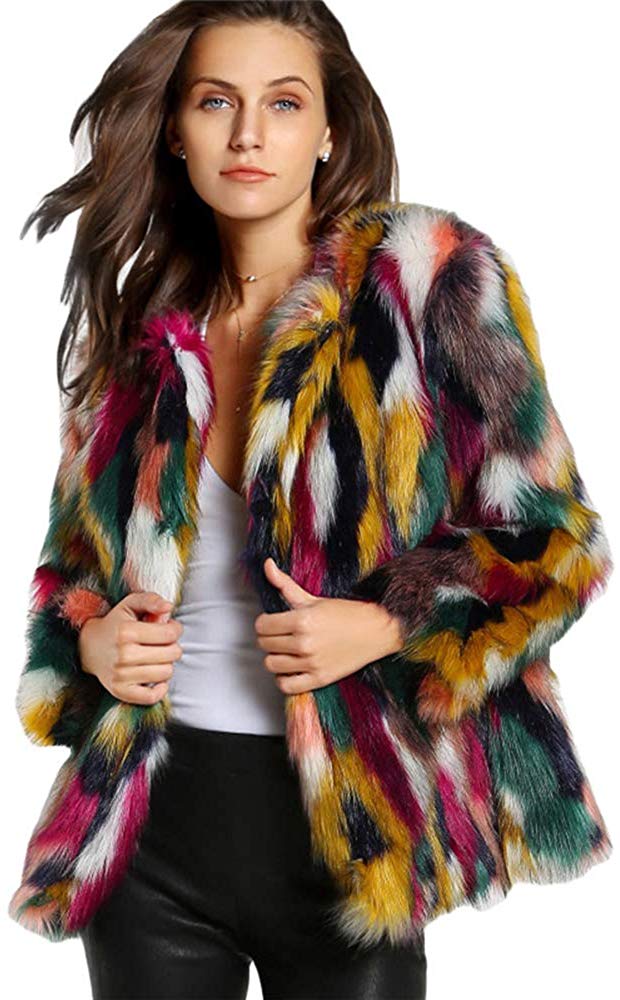 

Women Multicolor Winter Long Sleeve Faux Fur Coat Warm Parka Outwear Open Front Jacket, As pic