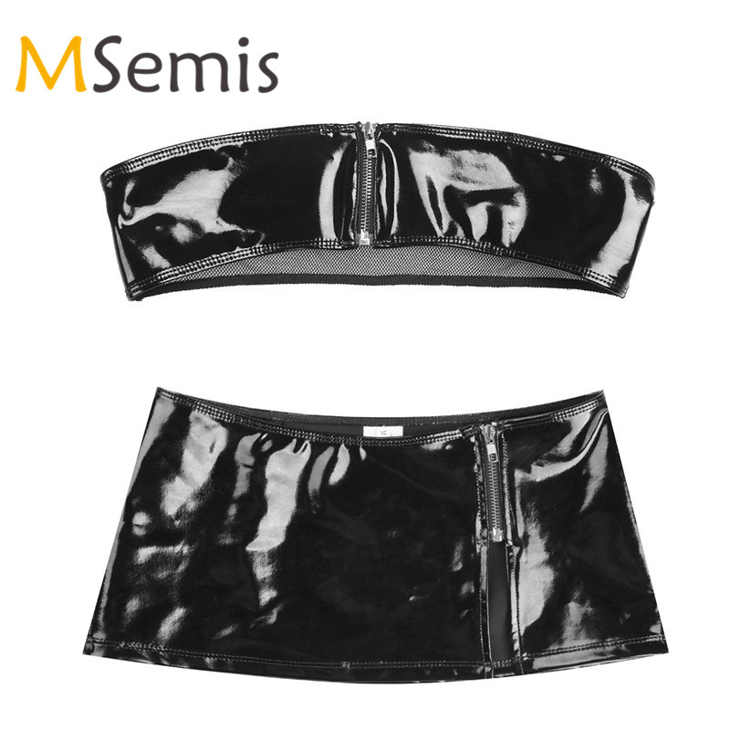 

2Pcs Women Sexy Lingerie Set Wet Look Patent Leather Crop Top Bra Top Zipper Bikini Bandeau Bra Top with Mini Skirt Lingerie Set, Black