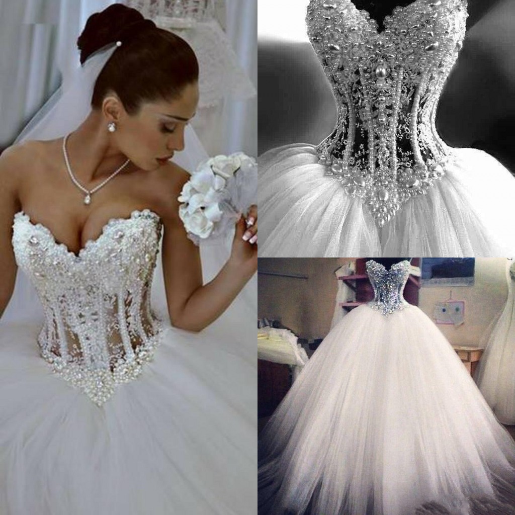 

2021 Pearls Rhinestones Sweetheart Ball Gown Wedding Dresses Arabic Beaded Crystals Puffy Long Bridal Dress Sweep Train Vestidos De Novia AL5954, Champagne