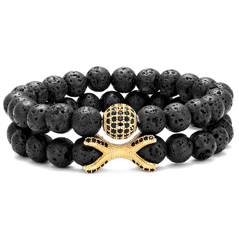 

2 pieces / set natural stone black lava stone men's bracelet pavé CZ ball bracelet classic classic stretch suit