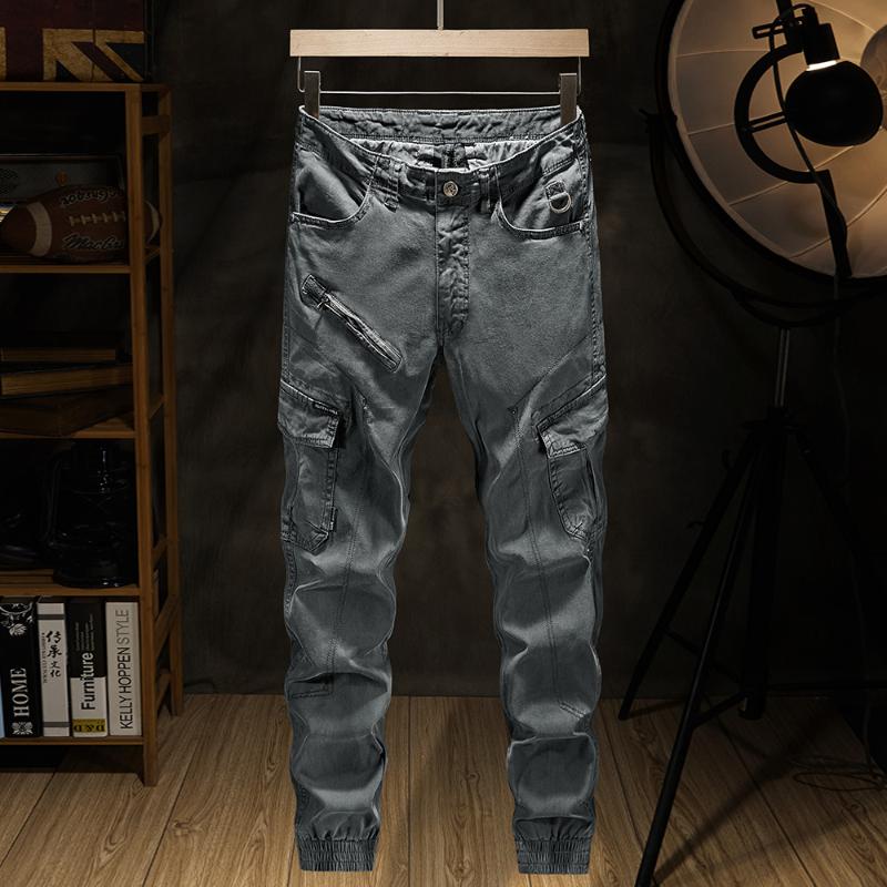 

Fashion simple retro Zipper decoration cargo pants men multi-pocket popular joggers men stretch slim kidoriman, Black