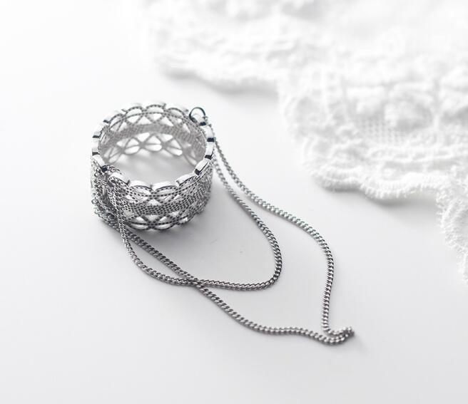 

Cluster Rings 100% Authentic REAL.925 Sterling Silver Fine Jewelry Lace Hollow PATTERN With Chain Tassel Long Ring Wider GTLJ1453
